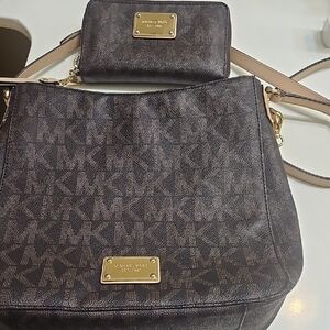 Michael Kors Dark Brown and Tan Logo Shoulder Bag with Wallet